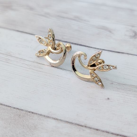 Vintage Screw Back Earrings Classy Elegant Gold Tone & Clear Gem Statement - Picture 3 of 8